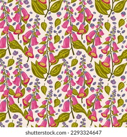 Pink foxglove flowers repeated pattern. Colourful seamless background. Suitable for textile, fabric, various DIY and decorative projects.