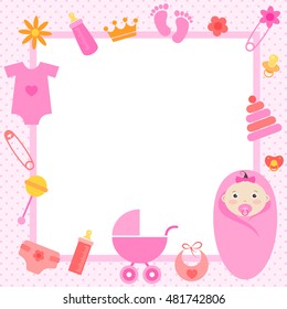 pink frame with baby girl elements
