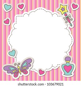 pink frame with cartoon butterfly, perfume bottle and wand