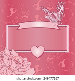 pink frame with heart, butterfly and roses