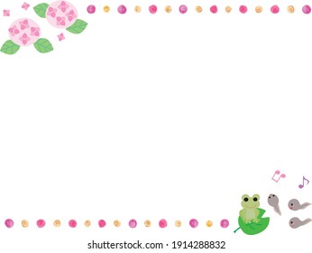 Pink frame of hydrangea and frog of the rainy season
