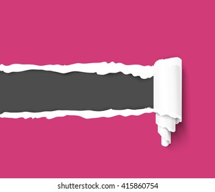 Pink frame with paper roll and ripped edges for text. Vector colorful torn paper background with dark copyspace and ripped torn paper edges. Torn paper template for sale promo and ads