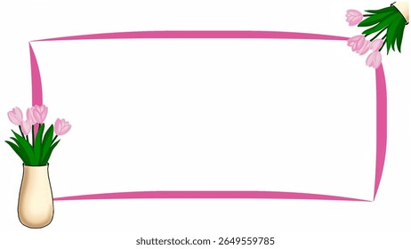 Pink frame and tulips in vase on bottom left corner and top right corner on white background. Design for greeting card, invitation, textbook label sticker or presentation