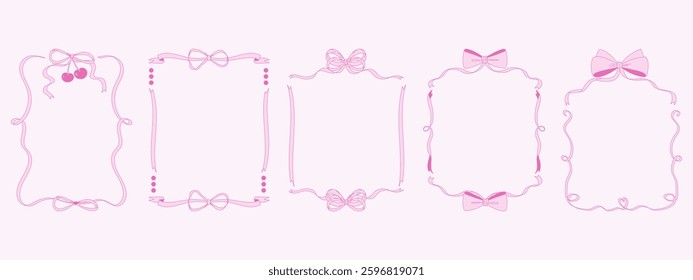 Pink frames with bows. Hand drawn trendy ribbons borders. Coquette style. Vintage retro frames for Valentine's day, christmas, birthday, greeting cards, invitations