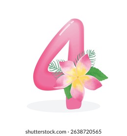 Pink frangipani flower with number 4 illustration