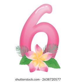 Pink frangipani flower with number 6 illustration