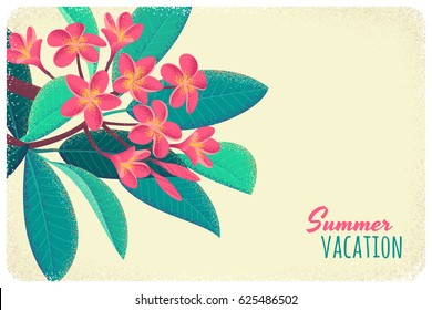 Pink frangipani (plumeria) branch with flowers and leaves horizontal template. Retro vector illustration. Tropical background. Place for your text. Design for invitation, banner, card, poster, flyer