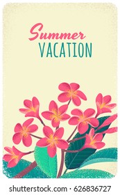 Pink frangipani (plumeria) branch with flowers and leaves vertical template. Retro vector illustration. Tropical background. Place for your text. Design for invitation, banner, card, poster, flyer