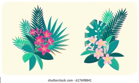 Pink frangipani (plumeria) flowers, palm leaves, monstera bouquets set. Tropical retro vector illustration. Design elements for invitation, banner, card, poster, flyer