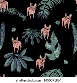 Pink French Bulldog and tropical leaves on dark background seamless pattern. Vector illustration texture. 