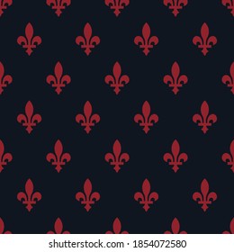 Pink french fleur de lis seamless pattern. Dark blue background. Fabric designs and backgrounds.