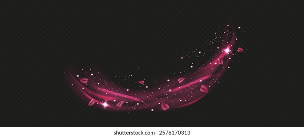 Pink fresh air or wind effect with leaves on transparent background. Vector realistic illustration with sparkling particles, sakura petals, romantic vortex, spring leaves