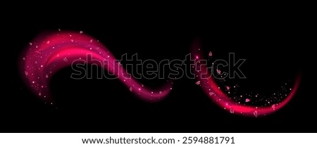 Pink fresh air or wind effect with leaves on transparent background. Vector realistic illustration with sparkling particles, sakura petals, romantic vortex, spring leaves