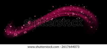 Pink fresh air or wind effect with leaves on transparent background. Vector realistic illustration with sparkling particles, sakura petals, romantic vortex, spring leaves