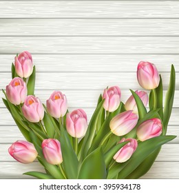 Pink fresh tulips flowers on gray wooden background. EPS 10 vector file included