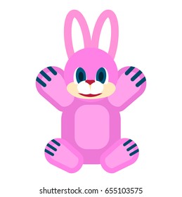 Pink friendly rabbit with blue eyes and red nose soft toy for little children isolated vector illustration on white background.