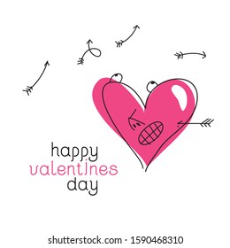 Pink frightened heart under a hail of arrows. Happy Valentine's day vector card