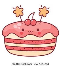 A pink frosted cake topped with cherries and creamy layers in cartoon style