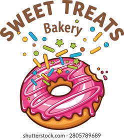 Pink frosted donut with sprinkles vector illustration for bakery signage