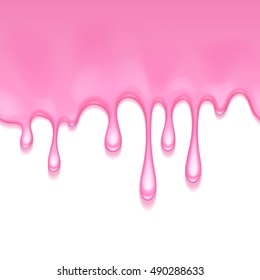 Pink frosting dripping seamless horizontal border. Liquid flow. Vector illustration. Sweet background.