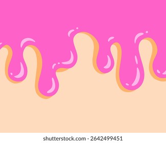 A pink frosting drips down a cake. The frosting is pink and has a slightly orange tint