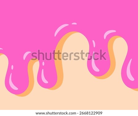 A pink frosting drips down a cake. The frosting is pink and has a slightly orange tint