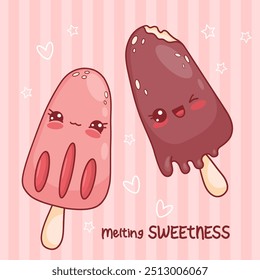 Pink fruit and chocolate ice cream on stick with drops. Sweet couple. Isolated cute kawaii cartoon characters. Vector illustration 