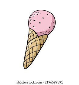 Pink fruit cold ice cream in a waffle cone with chocolate chips, vector illustration in cartoon style on a white background