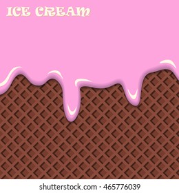 Pink fruit ice cream with chocolate wafer vintage abstract. Vector illustration