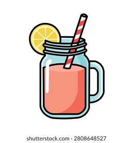 Pink fruit smoothie in a mason jar with a striped straw and lemon slice isolated on white.