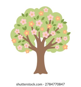 Pink fruit tree decorative blooming garden plant with small blossoms flat vector illustration