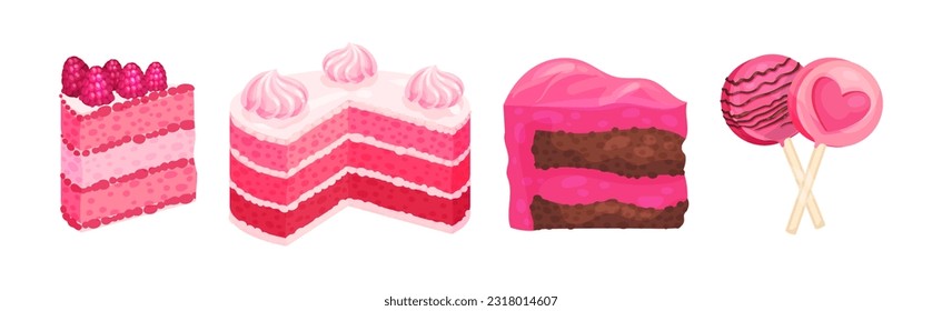 Pink Fruity Desserts with Cake and Candy Vector Set