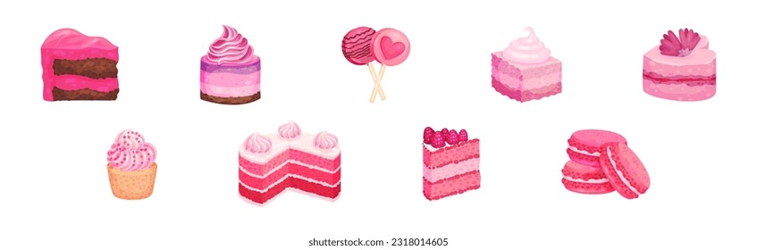 Pink Fruity Desserts with Cupcake, Cake, Macaroon and Candy Vector Set