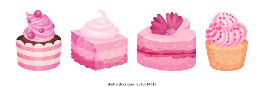 Pink Fruity Desserts with Cupcake and Cake Vector Set