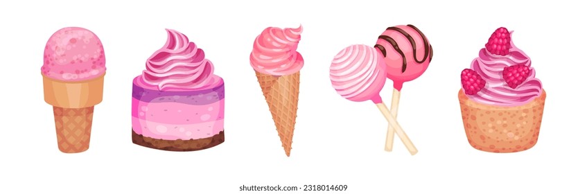 Pink Fruity Desserts with Cupcake, Ice Cream in Waffle Cone and Candy Vector Set