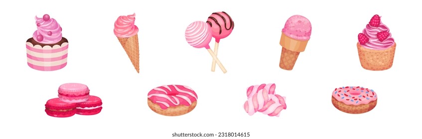 Pink Fruity Desserts with Cupcake, Ice Cream in Waffle Cone and Candy Vector Set