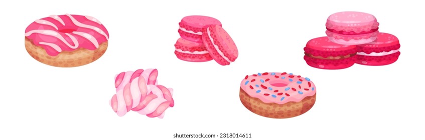 Pink Fruity Desserts with Donut and Macaroon Vector Set