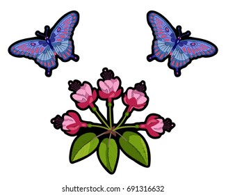 Pink fuchsia and butterfly embroidery composition on white background. Fashion textile print.