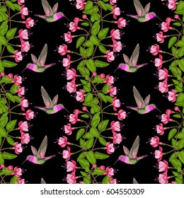 Pink fuchsia and hummingbird seamless pattern on black. Background for postcards, greeting cards, wedding invitations. Romantic floral wallpaper.