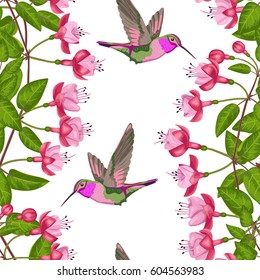 Pink fuchsia and hummingbird seamless pattern on white. Background for postcards, greeting cards, wedding invitations. Romantic floral wallpaper.