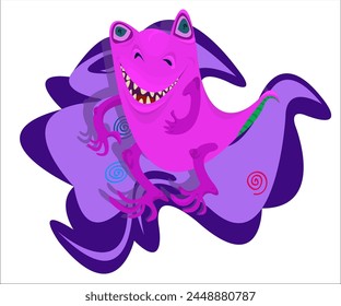 A pink funky smiling lizard on a fantasy vintage background. This cartoon illustration can be used as a logotype for zoo shops, veterinary, tourist groups, as a print for t-shirts. Vector, isolated.