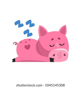 Pink funny cartoon pig sleeping, cute little piggy character vector Illustration on a white background