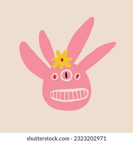 Pink funny character monster with funny smile face and tree eyes. Illustration in a modern childish hand-drawn style
