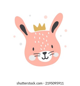Pink funny cute rabbit with crown, kids cartoon hare vector illustration