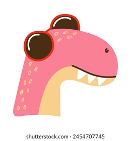 A pink funny dinosaur with teeth and round sunglasses