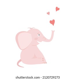 Pink funny elephant laughing while making hearts with the trunk. Vector illustration. Flat style