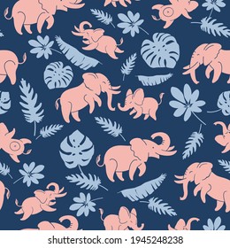 Pink funny elephants on a dark blue background - seamless
vector pattern with tropical leaves. A repeating pattern for textiles, wallpaper, wrapping paper, apparel, and packaging. Elephant with baby