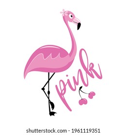 Pink - Funny flamingo with cherry.  Isolated on white background. Good for T shirt print, poster, card, travel set , sticker and other gift design.