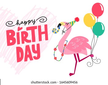 Pink funny flamingo isolated on white background. Happy birthday lettering card. Cartoon tropical bird in hand drawn style for children, print, poster, stickers, fabric, postcards.