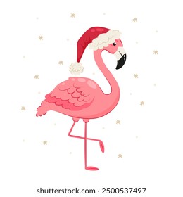 Pink funny flamingo in Santa hat. Flat style Christmas character. Summer Christmas. Tropical bird.